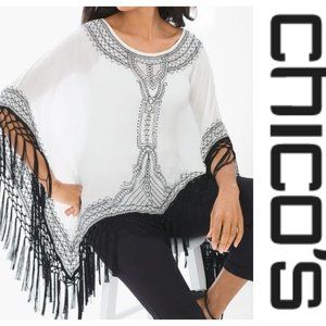 CHICO'S Top White w/Black Embroidery Fringe Hem Tunic Kimono Rayon S/M